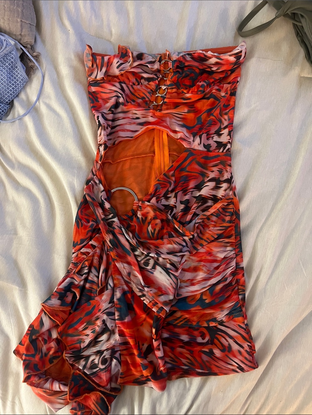 One-Shoulder Red Abstract Ring-Detail Dress